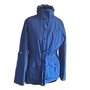 Style & Co windbreaker jacket hood inside collar adjustable sleeves zipper close